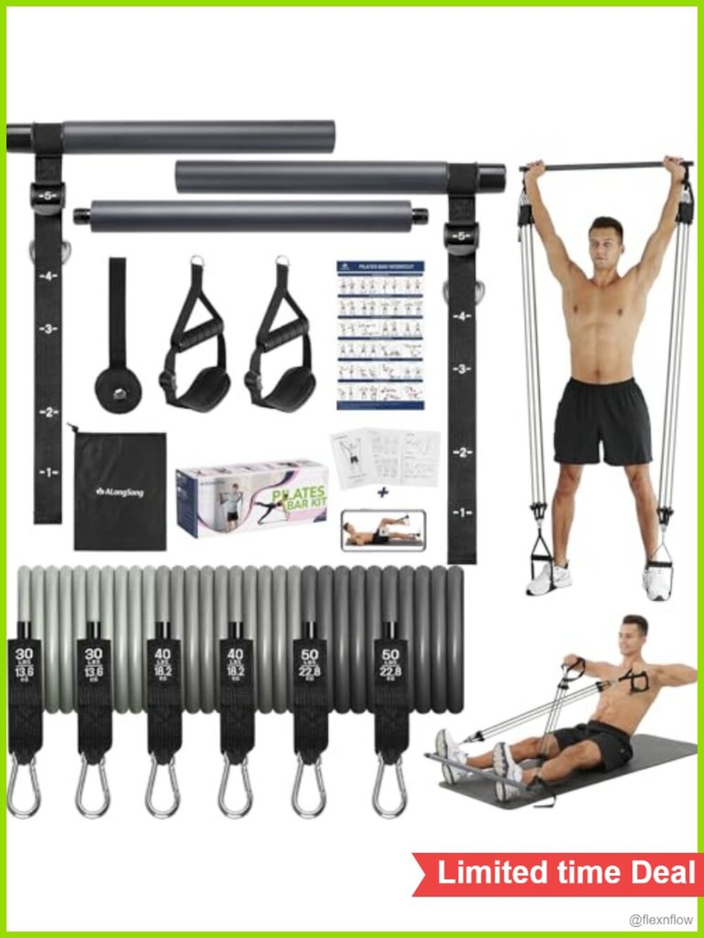 Pilates Bar Kit with Resistance Bands Natural Latex Heavy-Duty Stainless Steel